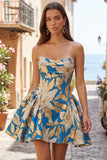 Vestido corto azul Jacquard fruncido sin tirantes sin tirantes