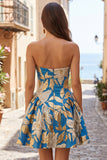 Vestido corto azul Jacquard fruncido sin tirantes sin tirantes