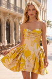 Vestido corto azul Jacquard fruncido sin tirantes sin tirantes