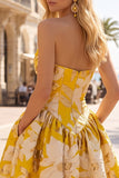 Vestido corto azul Jacquard fruncido sin tirantes sin tirantes