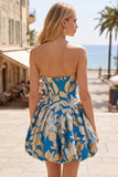 Vestido corto de bienvenida azul con dobladillo burbuja Jacquard fruncido y tirantes sin tirantes