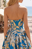 Vestido corto de bienvenida azul con dobladillo burbuja Jacquard fruncido y tirantes sin tirantes