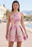 Vestido corto rosa de bienvenida a casa con pliegues en línea A de un solo hombro floral
