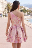 Vestido corto rosa de bienvenida a casa con pliegues en línea A de un solo hombro floral