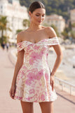 Vestido corto rosa de hombros descubiertos floral en línea A