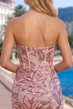 Corsé rosa brillante, lentejuelas, vestido corto sin tirantes sin tirantes de bienvenida