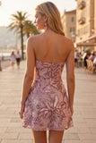 Vestido corto corto de bienvenida sin tirantes floral de lentejuelas A-line floral
