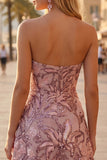Vestido corto corto de bienvenida sin tirantes floral de lentejuelas A-line floral