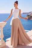 Vestido formal largo de cuello bateau plisado en línea A blanca y champán