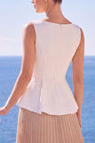 Vestido formal largo de cuello bateau plisado en línea A blanca y champán
