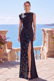 Lentejuelas negras, vestido formal asimétrico de sirena fruncido con abertura