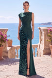 Lentejuelas negras, vestido formal asimétrico de sirena fruncido con abertura