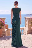 Lentejuelas negras, vestido formal asimétrico de sirena fruncido con abertura