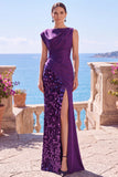 Lentejuelas negras, vestido formal asimétrico de sirena fruncido con abertura