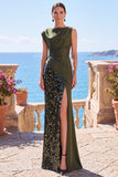 Lentejuelas negras, vestido formal asimétrico de sirena fruncido con abertura