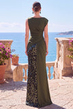 Lentejuelas negras, vestido formal asimétrico de sirena fruncido con abertura