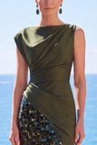 Lentejuelas negras, vestido formal asimétrico de sirena fruncido con abertura