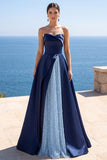 Corsé sin tirantes azul marino perla Vestido formal largo A-Line
