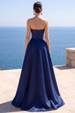 Corsé sin tirantes azul marino perla Vestido formal largo A-Line