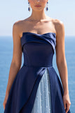 Corsé sin tirantes azul marino perla Vestido formal largo A-Line
