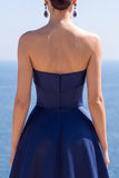 Corsé sin tirantes azul marino perla Vestido formal largo A-Line