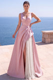 Vestido formal largo fruncido con perlas rosas en línea A y abertura