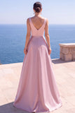 Vestido formal largo fruncido con perlas rosas en línea A y abertura