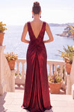Vestido formal largo de sirena metálica burdeos con abertura