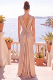 Vestido formal largo de sirena metálica burdeos con abertura