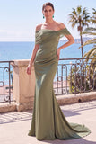 Sirena de hombros verde salvia con un vestido formal largo