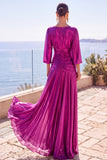 Vestido formal largo de manga media en línea A fruncido con champán