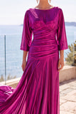 Vestido formal largo de manga media en línea A fruncido con champán