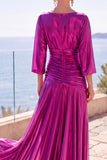 Vestido formal largo de manga media en línea A fruncido con champán