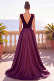Vestido formal largo sin espalda sin espalda de terciopelo en V y línea en A burdeos con abertura
