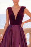Vestido formal largo sin espalda sin espalda de terciopelo en V y línea en A burdeos con abertura