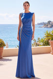 Vestido formal largo con cuentas y funda arrugada azul con abertura