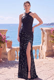 Tirantes cruzados negros con tirantes de lentejuelas, vestido formal largo de sirena con abertura