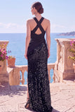 Tirantes cruzados negros con tirantes de lentejuelas, vestido formal largo de sirena con abertura