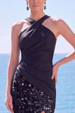 Tirantes cruzados negros con tirantes de lentejuelas, vestido formal largo de sirena con abertura