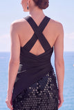 Tirantes cruzados negros con tirantes de lentejuelas, vestido formal largo de sirena con abertura