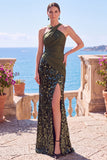 Tirantes cruzados negros con tirantes de lentejuelas, vestido formal largo de sirena con abertura