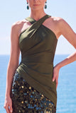 Tirantes cruzados negros con tirantes de lentejuelas, vestido formal largo de sirena con abertura