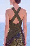 Tirantes cruzados negros con tirantes de lentejuelas, vestido formal largo de sirena con abertura
