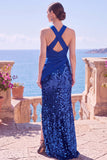 Tirantes cruzados negros con tirantes de lentejuelas, vestido formal largo de sirena con abertura