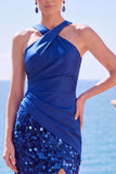 Tirantes cruzados negros con tirantes de lentejuelas, vestido formal largo de sirena con abertura