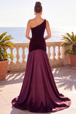 Vestido maxi fruncido de terciopelo sirena de un solo hombro burdeos