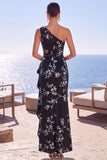 Jacquard floral de un solo hombro azul con funda arrugada, vestido formal largo con abertura