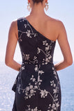Jacquard floral de un solo hombro azul con funda arrugada, vestido formal largo con abertura