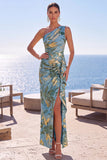 Jacquard floral de un solo hombro azul con funda arrugada, vestido formal largo con abertura