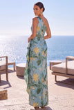 Jacquard floral de un solo hombro azul con funda arrugada, vestido formal largo con abertura